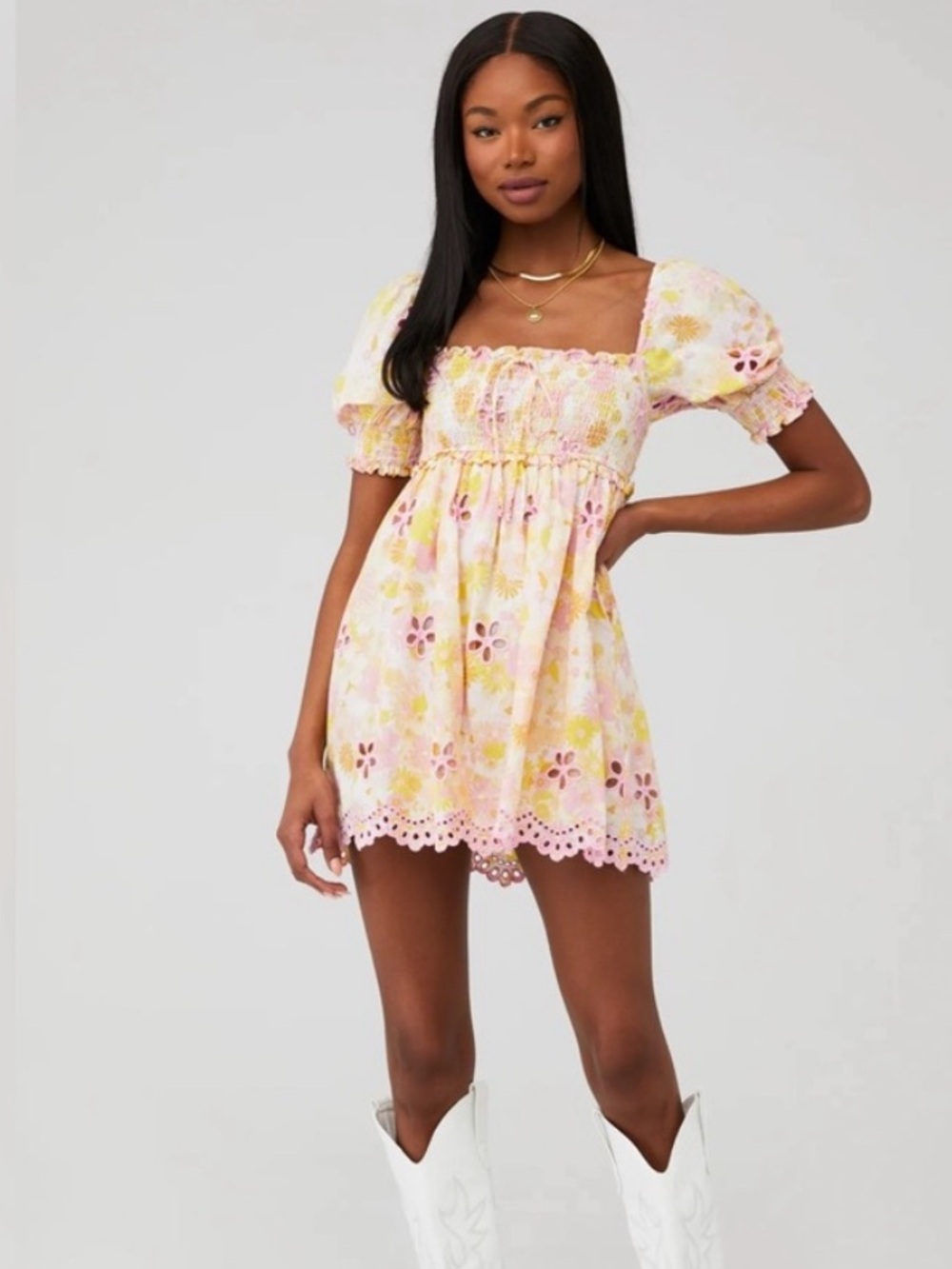 Floral Eyelet Smocked Puff Sleeve Dress